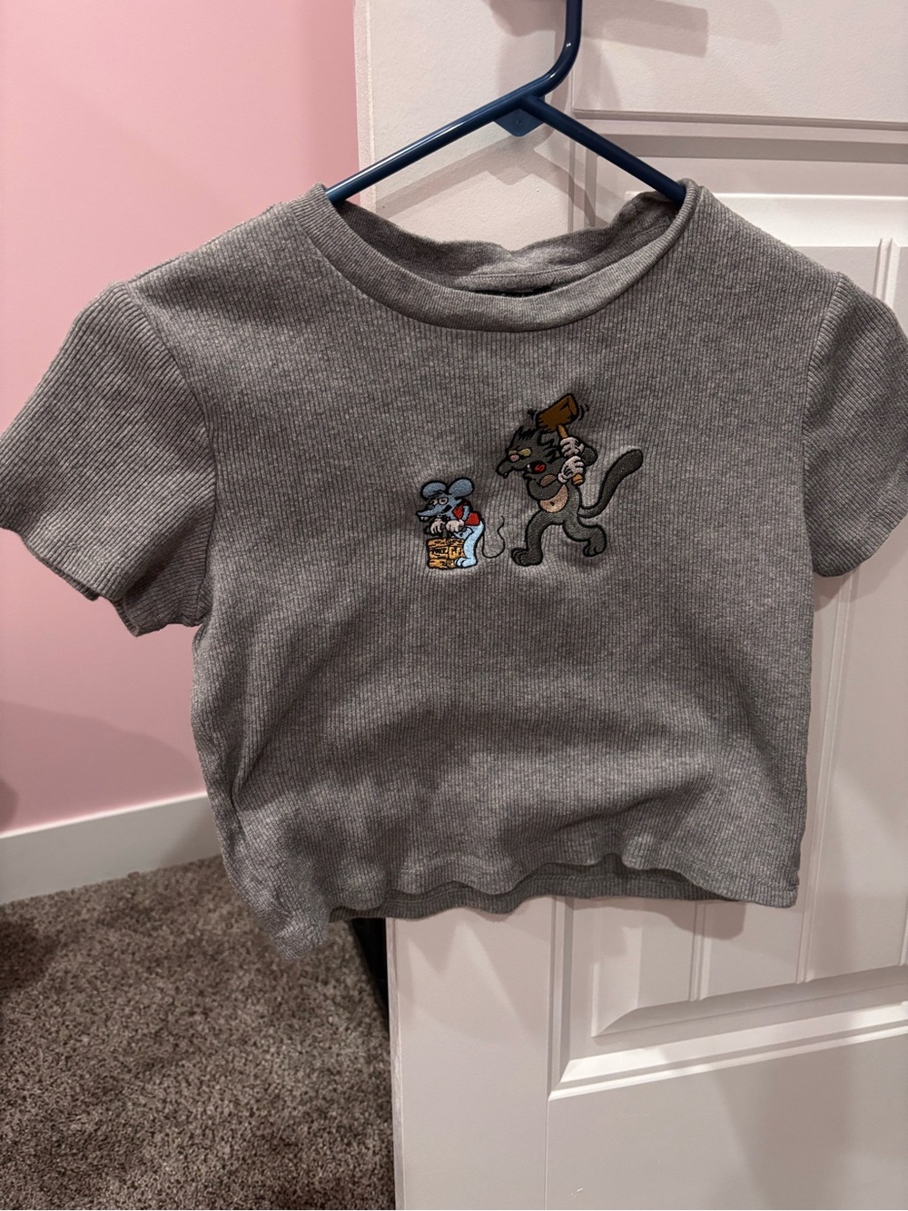 Grey Ribbed Short Sleeve Tee with Cartoon Patch